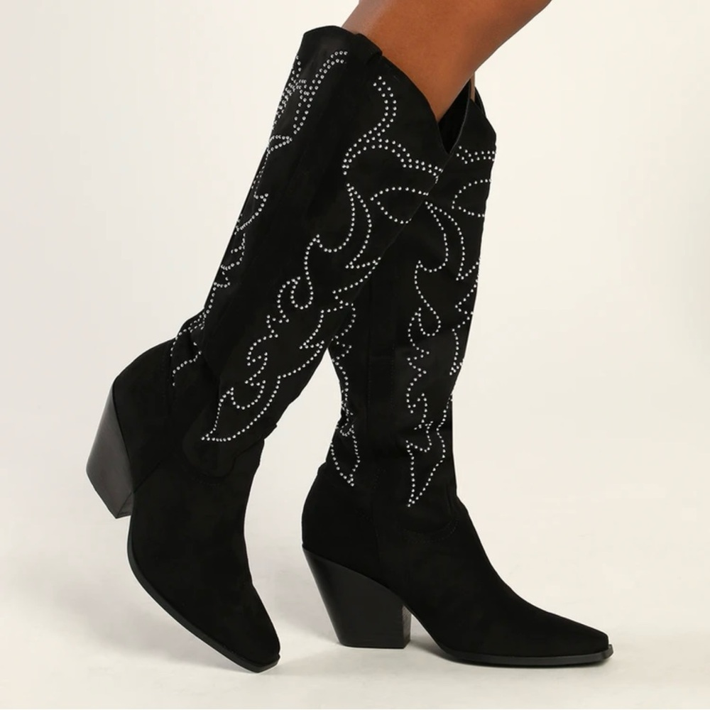 NIB Billini Celara Black Suede Knee-High Studded Western Boots size 8